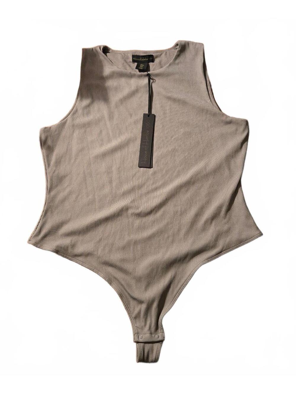 House of Harlow 1960 Taupe Ribbed Crewneck Bodysuit NWT Size L